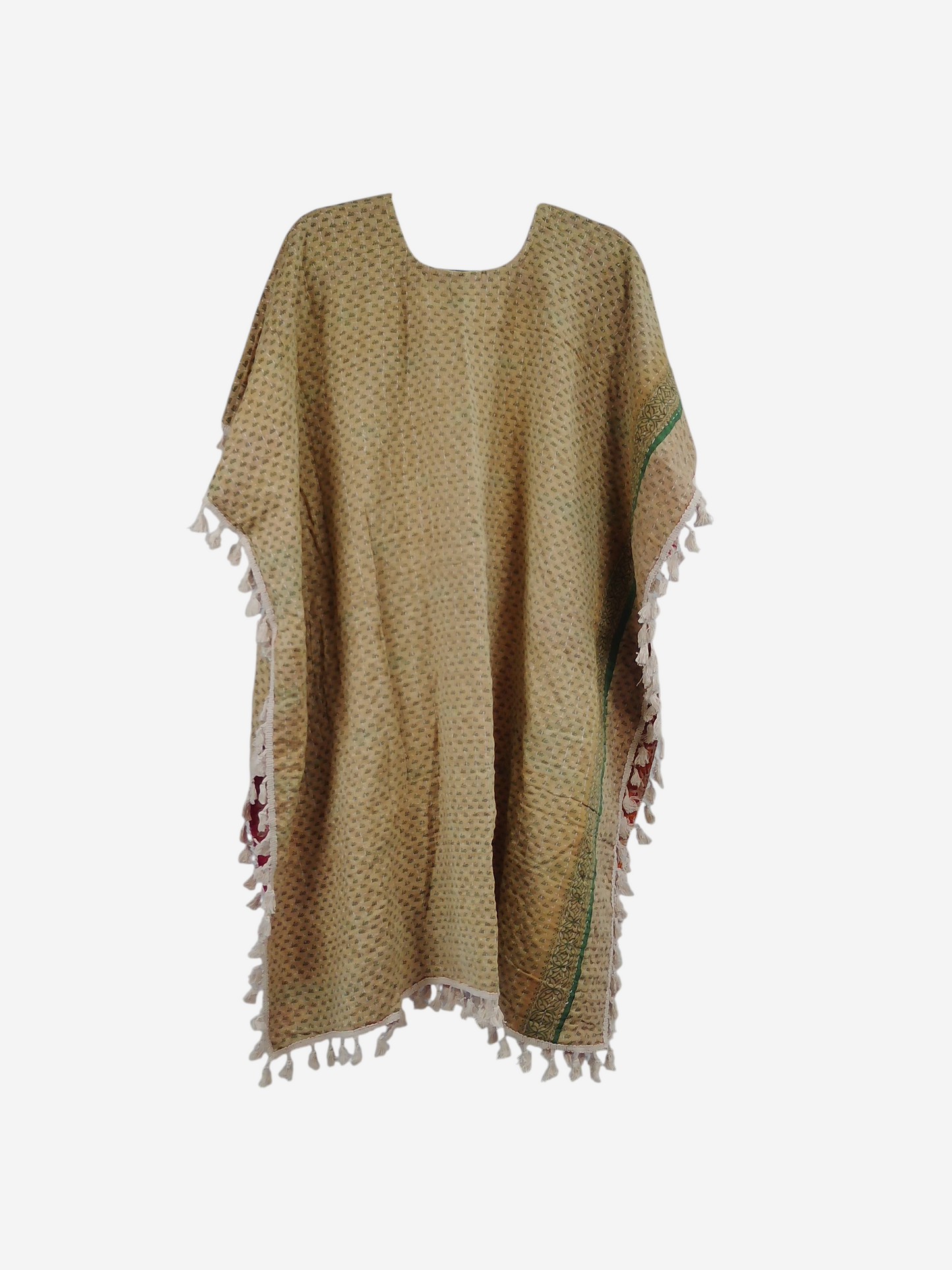 She Lives Beauty short sleeve kimono in tan vintage kantha cotton with artisan fringe trim and open-front design