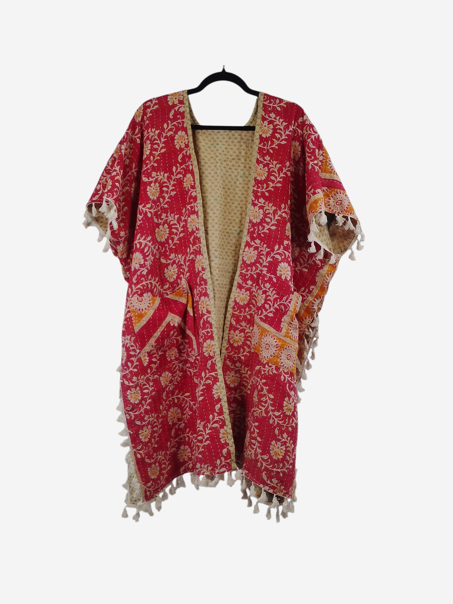She Lives Beauty short sleeve kimono in red floral vintage kantha cotton with fringe trim and open front design