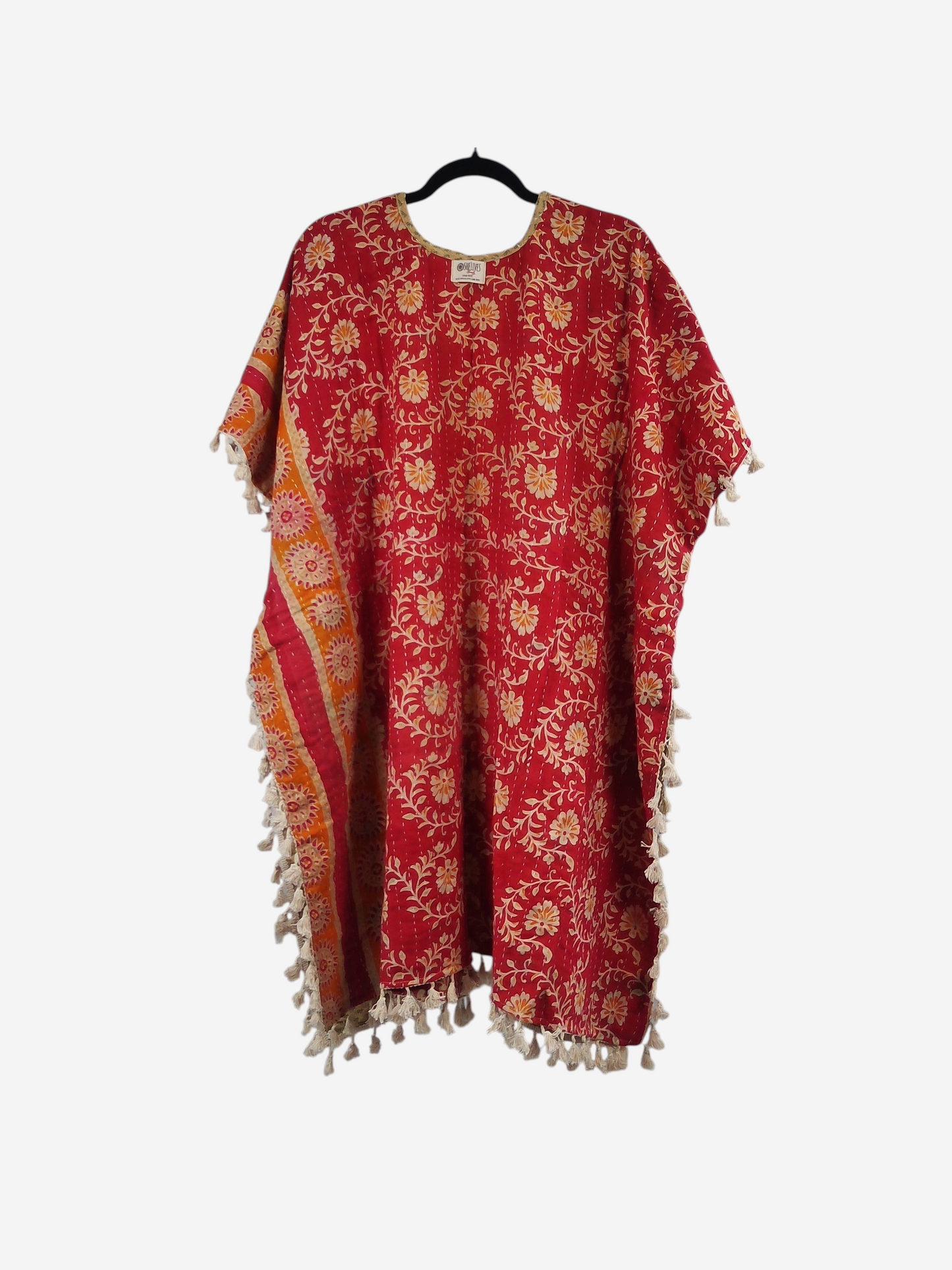She Lives Beauty red floral kantha kimono with short sleeves and artisan fringe trim made from vintage cotton