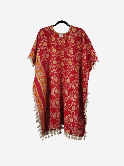 She Lives Beauty red floral kantha kimono with short sleeves and artisan fringe trim made from vintage cotton