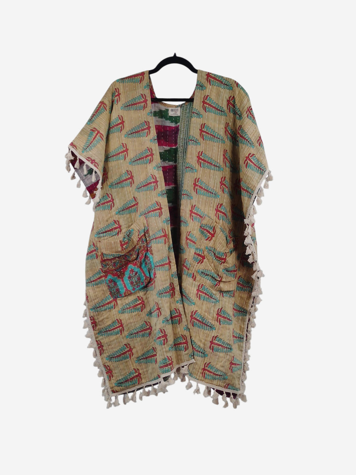 She Lives Beauty Short Sleeve Willow Fringe Kantha Kimono in beige vintage cotton with teal and red leaf print