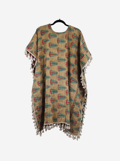 She Lives Beauty short sleeve kimono in tan vintage kantha cotton with teal and red leaf print and fringe trim