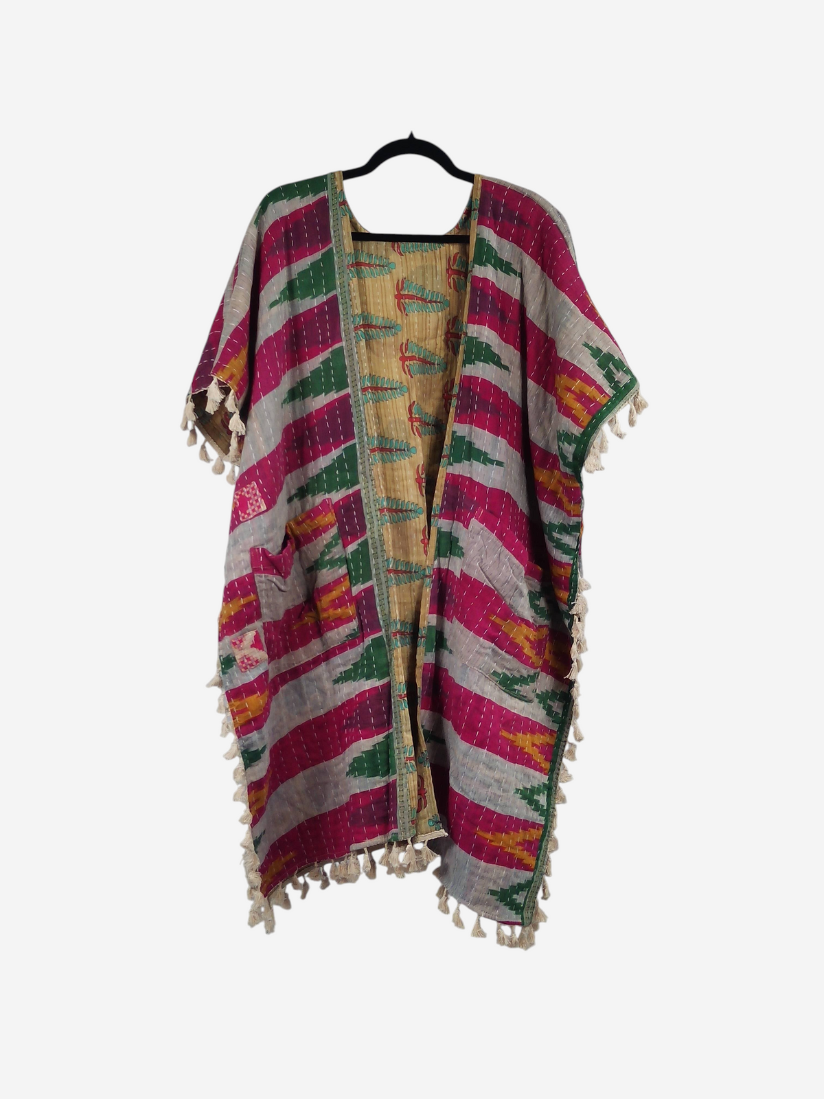 She Lives Beauty Willow fringe kimono in vintage kantha cotton with vibrant pink, green, and yellow striped patterns.