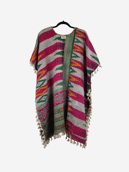 She Lives Beauty short sleeve kimono in vintage kantha cotton with vibrant striped patterns and artisan fringe hem.