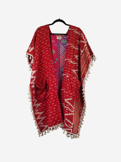 She Lives Beauty short sleeve kimono in red vintage kantha cotton with fringe trim and open-front design