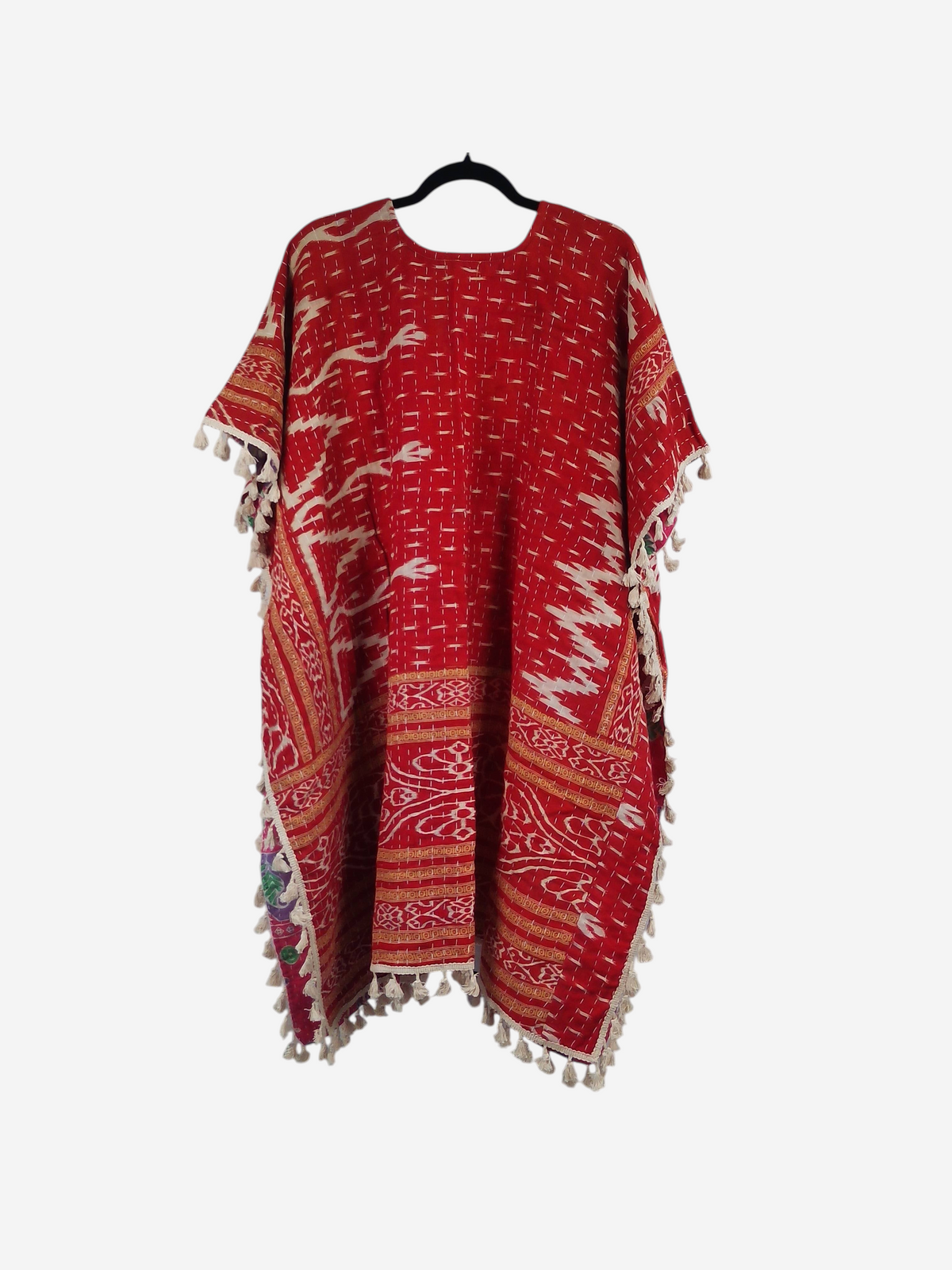 She Lives Beauty red vintage cotton kantha kimono with short sleeves and artisan fringe trim on a white background