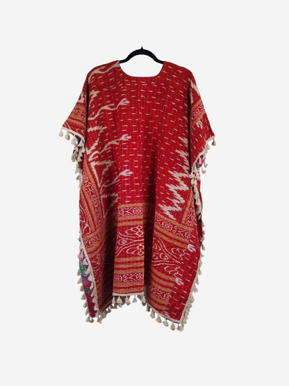 She Lives Beauty red vintage cotton kantha kimono with short sleeves and artisan fringe trim on a white background