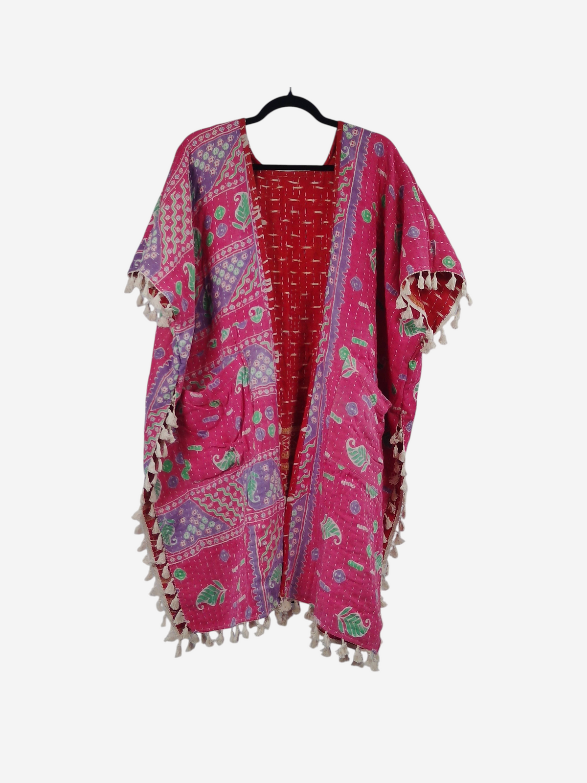 She Lives Beauty pink vintage kantha cotton kimono with short sleeves, fringe trim, and bohemian floral patterns.