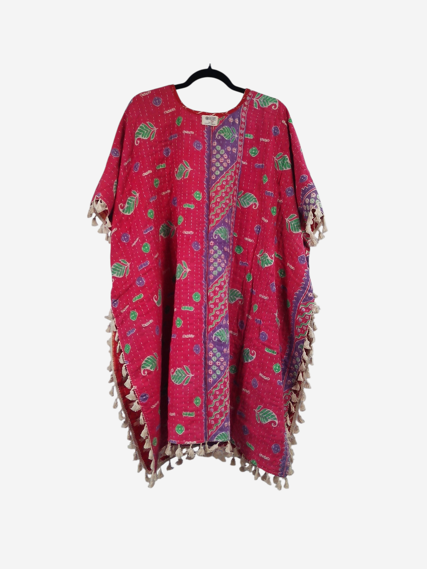 She Lives Beauty short sleeve kimono in pink vintage kantha cotton with green leaf patterns and artisan fringe hem