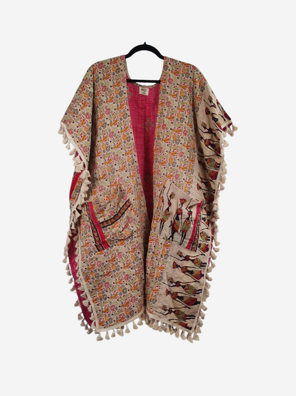 She Lives Beauty vintage cotton kantha kimono with short sleeves, fringe trim, and colorful artisan patterns.