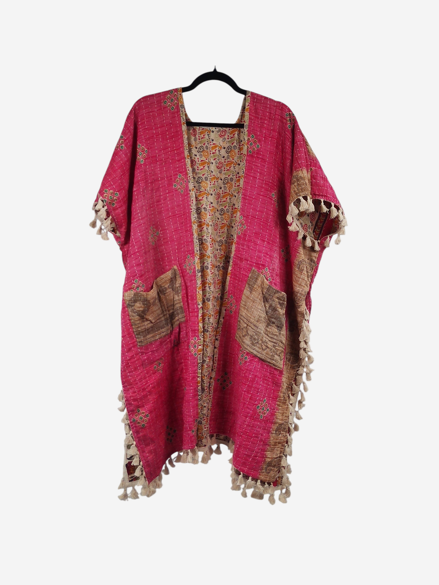 She Lives Beauty pink kantha kimono with short sleeves, fringe trim, and front pockets made from vintage cotton saris