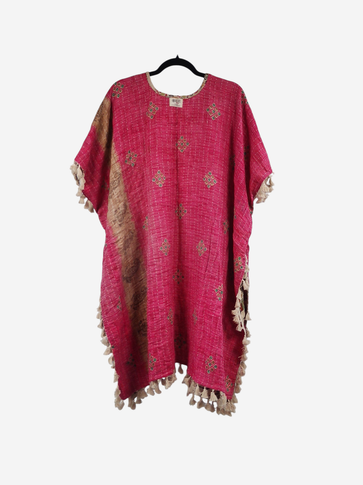 She Lives Beauty short sleeve kimono in pink vintage kantha cotton with decorative fringe and hand-stitched patterns