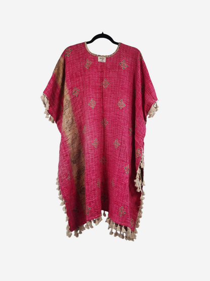 She Lives Beauty short sleeve kimono in pink vintage kantha cotton with decorative fringe and hand-stitched patterns