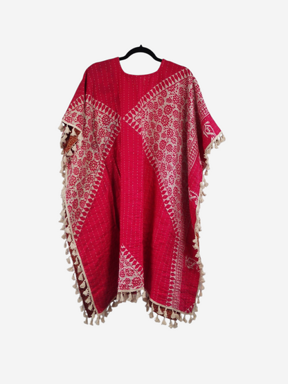 She Lives Beauty Willow fringe kimono in vibrant red vintage kantha cotton with cream floral patterns and tassel trim