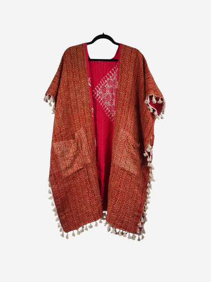 She Lives Beauty short sleeve kimono in red vintage kantha cotton with cream fringe trim and front pockets