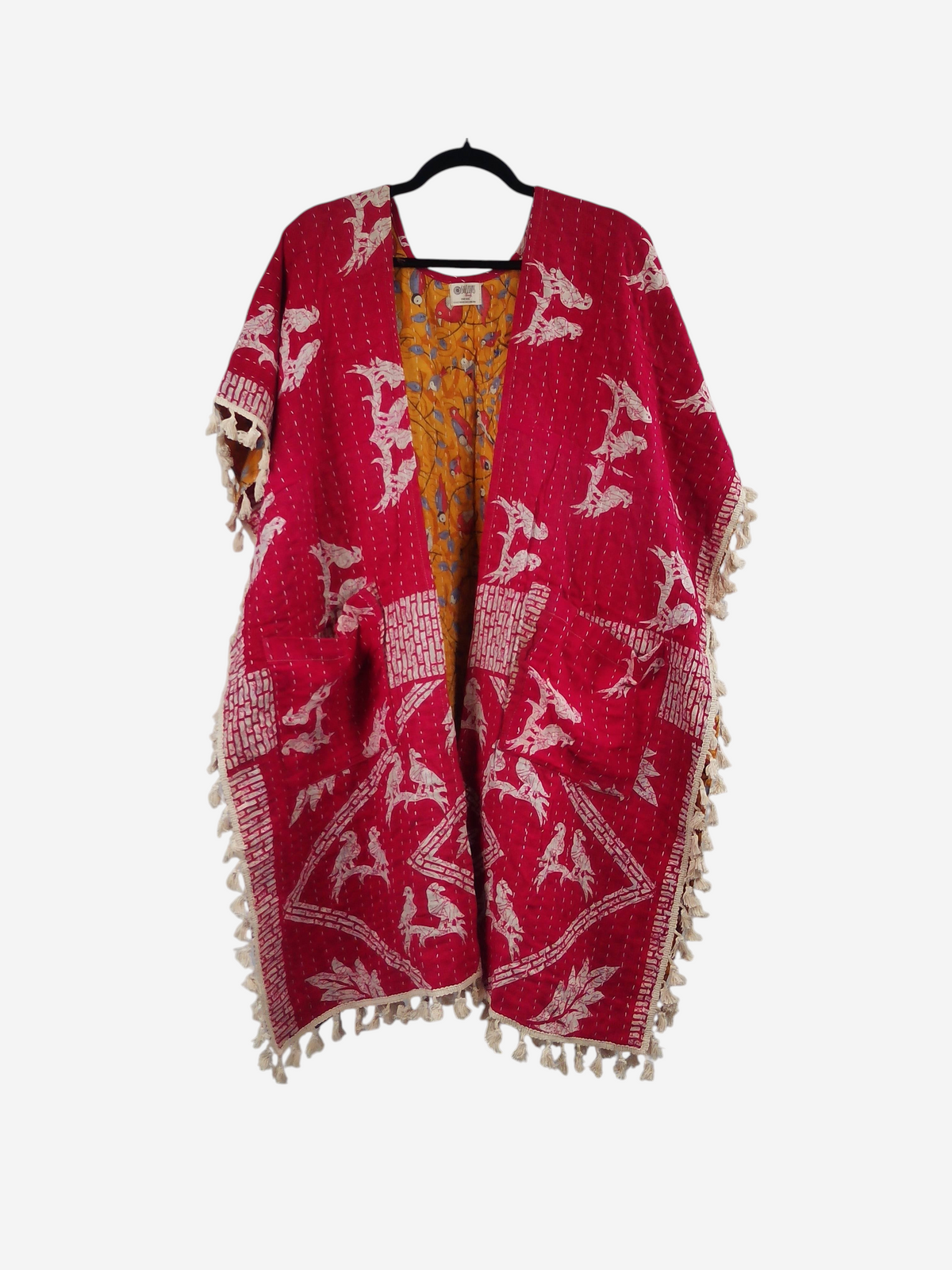 She Lives Beauty red and yellow vintage cotton kantha kimono with short sleeves, fringe trim, and artisan stitching.