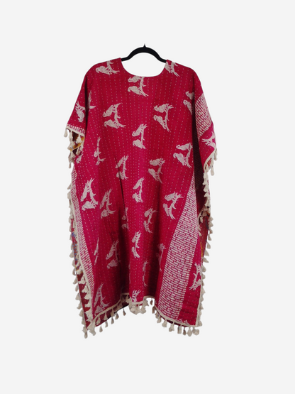 She Lives Beauty short sleeve kimono in red vintage kantha cotton with white bird print and artisan fringe hem