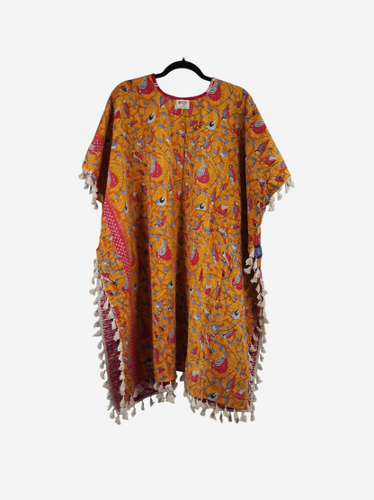 She Lives Beauty yellow vintage cotton kantha kimono with short sleeves and artisan fringe trim on a hanger