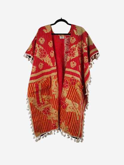 She Lives Beauty vintage cotton kantha kimono in red and yellow floral print with artisan fringe trim