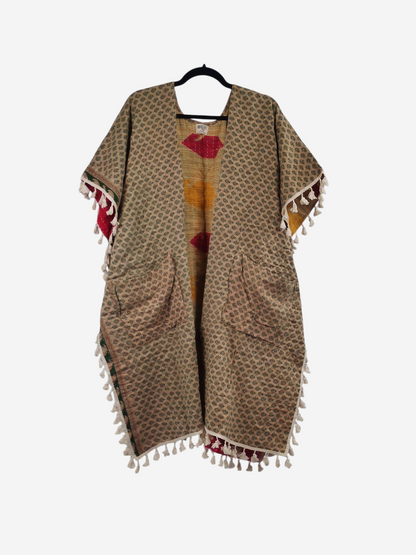 She Lives Beauty short sleeve kimono in vintage kantha cotton with a beige floral print and artisan fringe trim