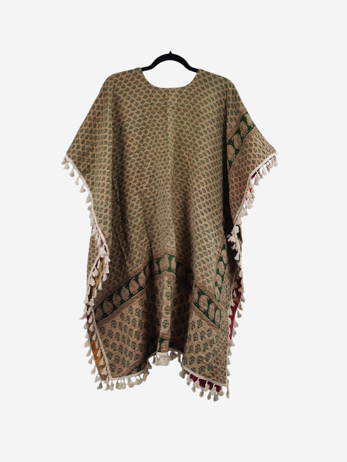 She Lives Beauty short sleeve kimono in beige vintage cotton with green kantha stitching and artisan fringe trim