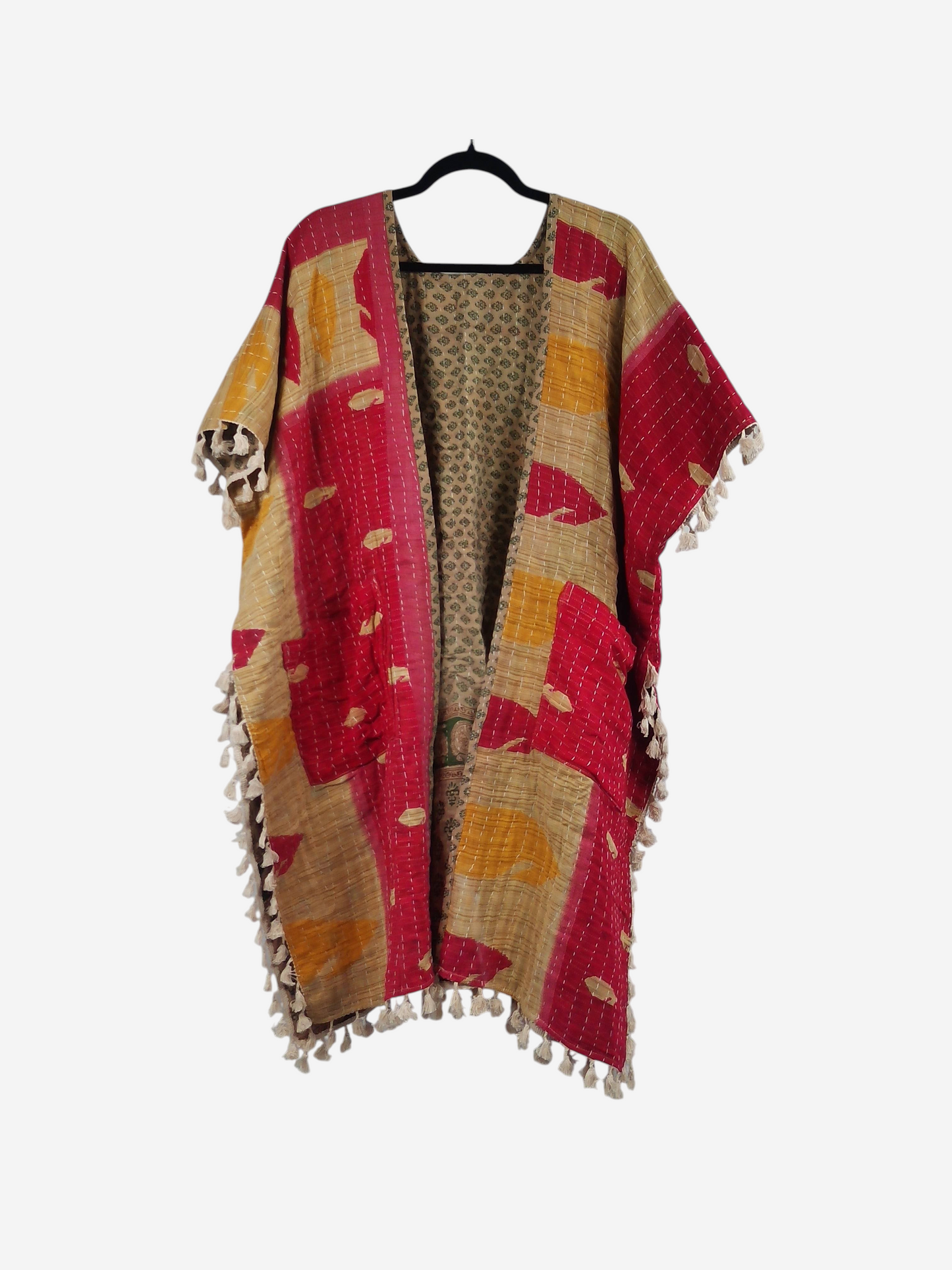 She Lives Beauty short sleeve kimono in red and yellow vintage kantha cotton with artisan fringe trim