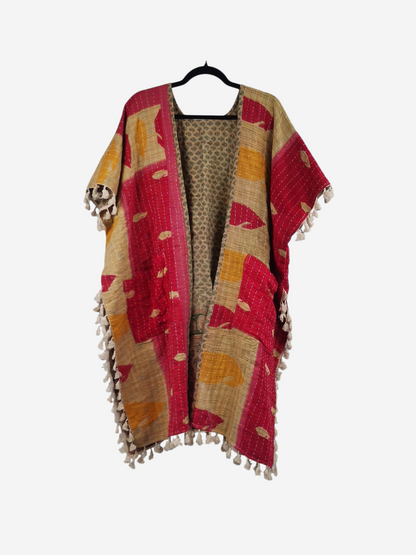 She Lives Beauty short sleeve kimono in red and yellow vintage kantha cotton with artisan fringe trim