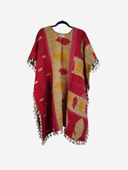 She Lives Beauty short sleeve kimono in red and tan vintage kantha cotton with artisan fringe trim