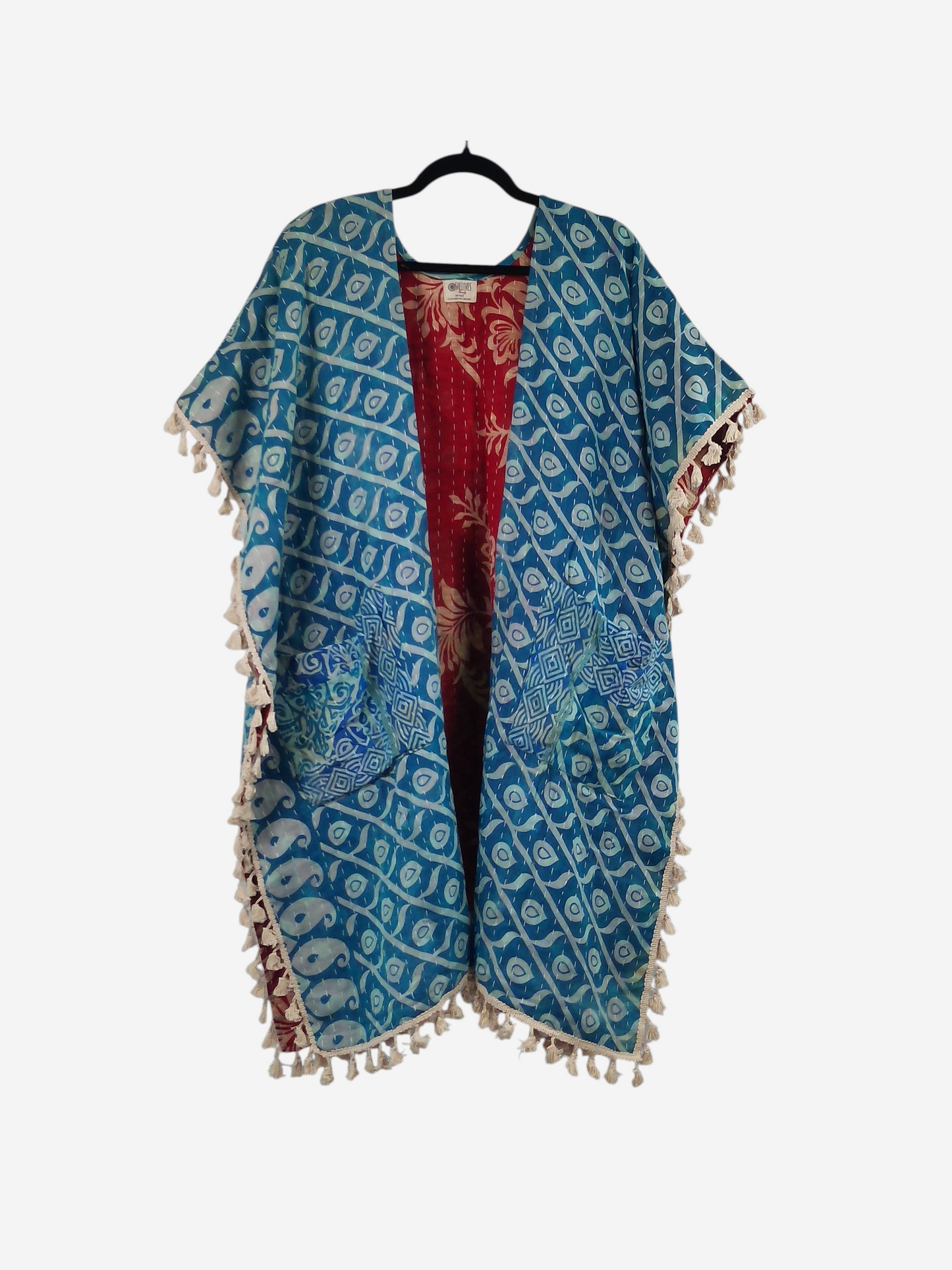 She Lives Beauty Willow fringe kimono in blue and red vintage kantha cotton with short sleeves and tassel trim.