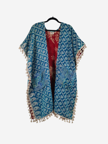 She Lives Beauty Willow fringe kimono in blue and red vintage kantha cotton with short sleeves and tassel trim.