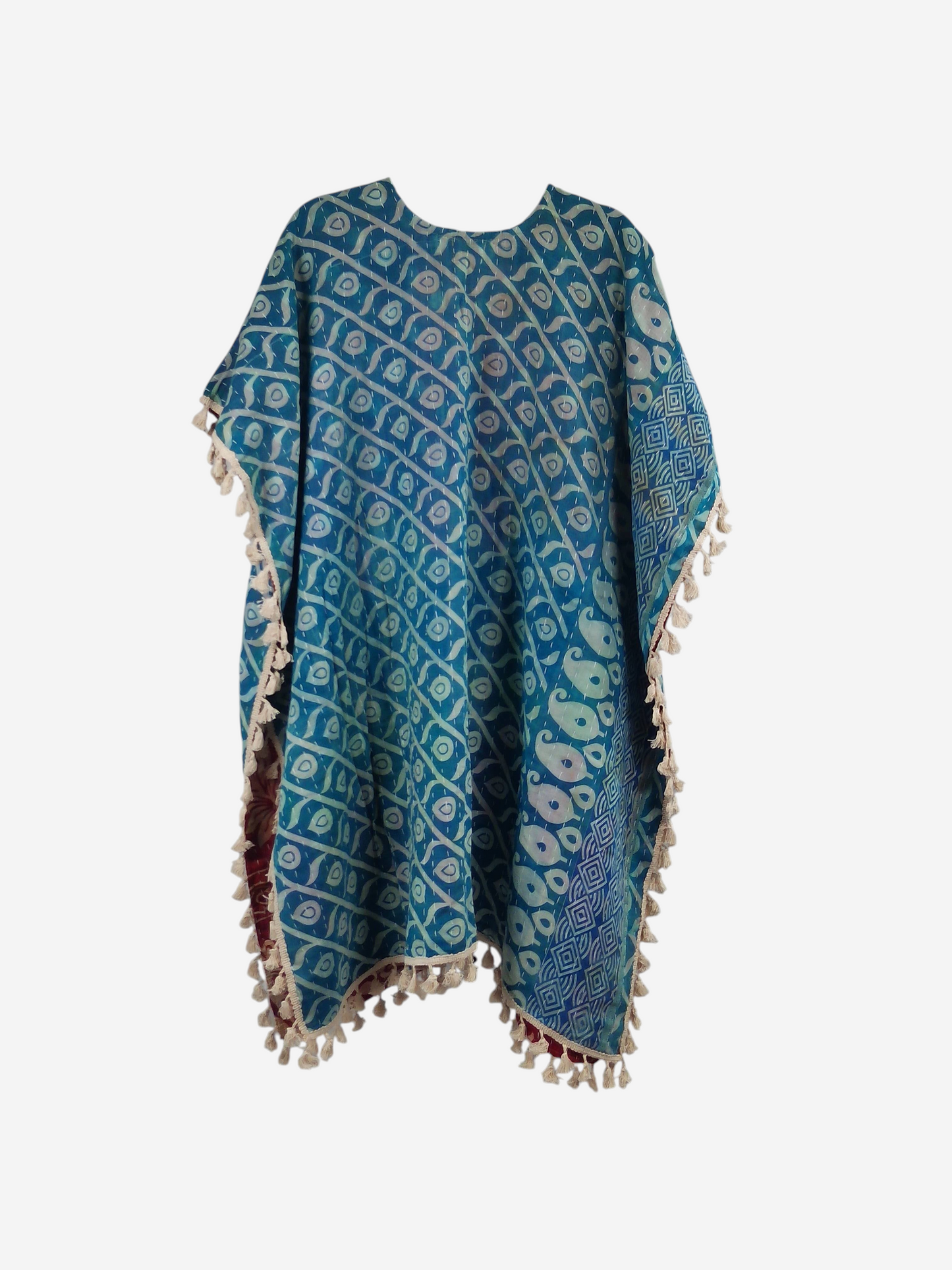 She Lives Beauty blue patterned vintage cotton kantha kimono with short sleeves and artisan fringe trim