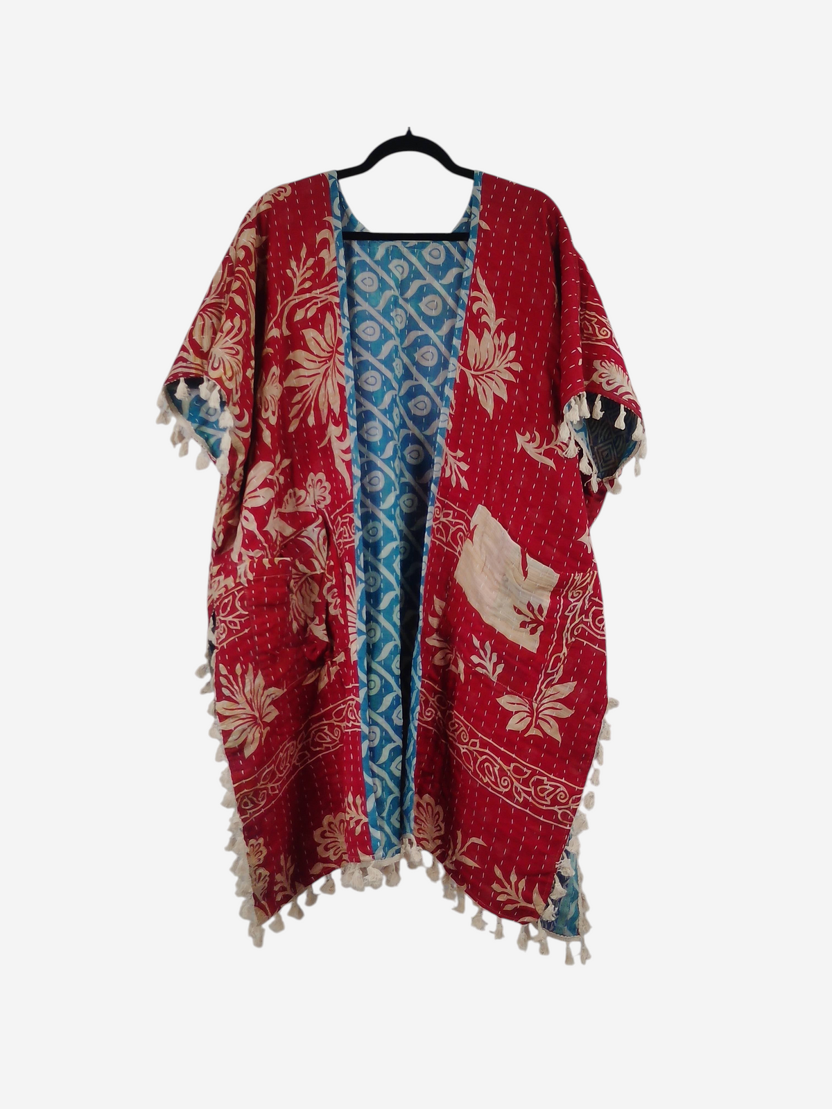 She Lives Beauty short sleeve kimono in red and blue vintage kantha cotton with floral patterns and fringe trim