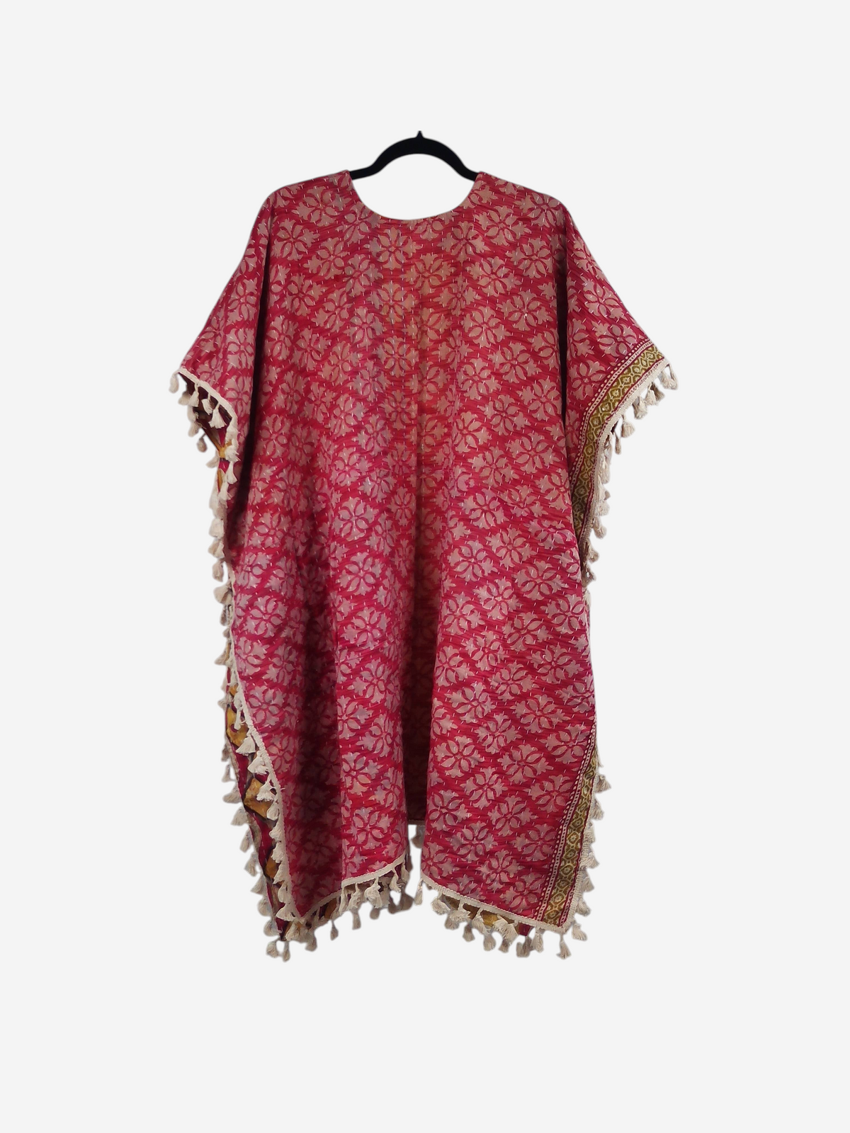She Lives Beauty red floral kantha kimono with short sleeves and fringe trim, handmade from vintage cotton sari fabric.
