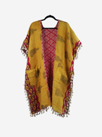 She Lives Beauty short sleeve kimono in yellow and red vintage kantha cotton with fringe trim and open front design