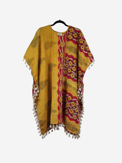 She Lives Beauty Willow fringe kimono in yellow and red vintage kantha cotton with artisan hand-stitched details.
