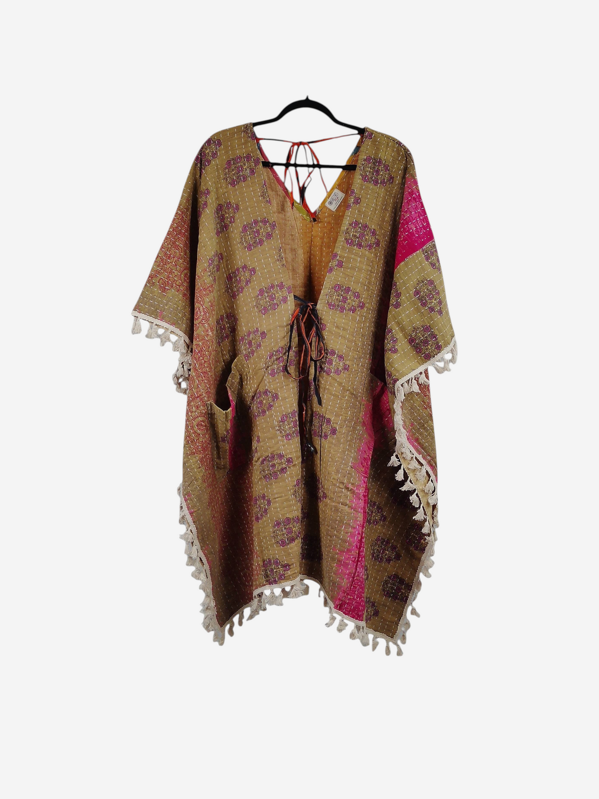 She Lives Beauty reversible kantha kimono in tan and pink vintage cotton with fringe trim and front tie closure.