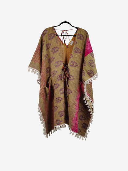 She Lives Beauty reversible kantha kimono in tan and pink vintage cotton with fringe trim and front tie closure.
