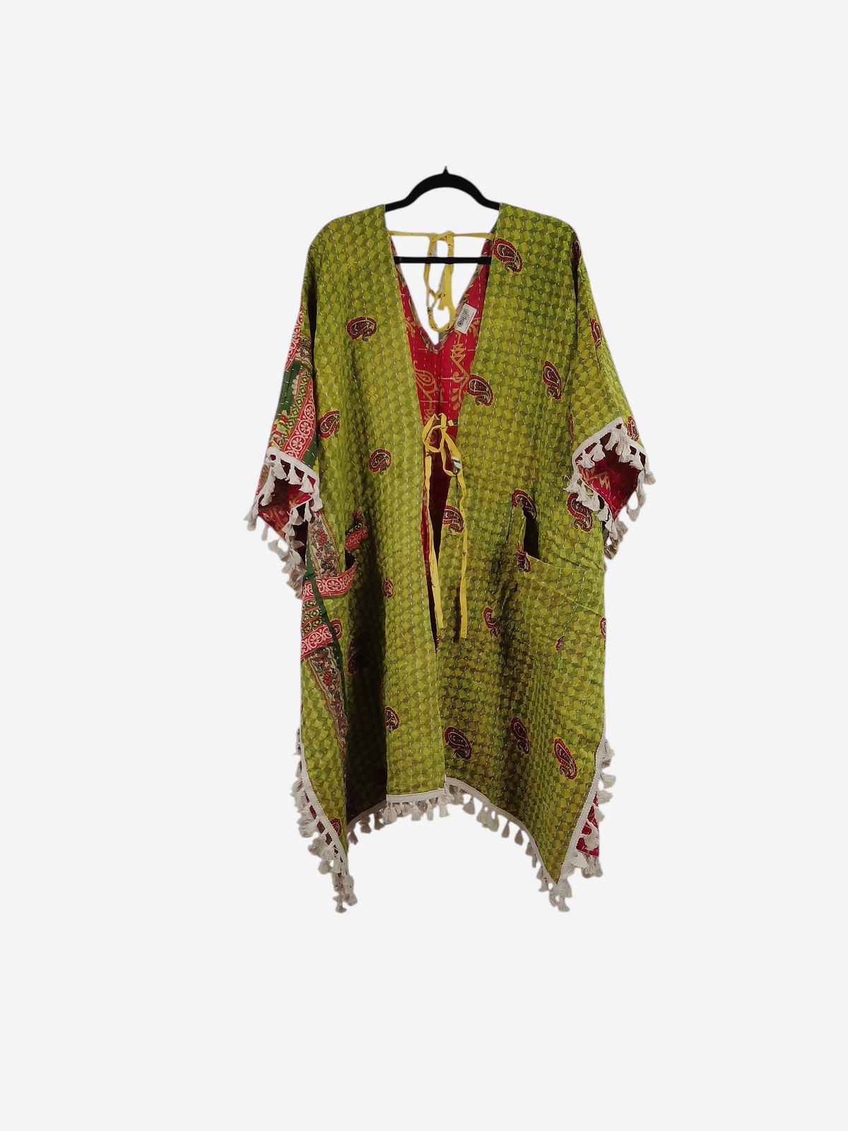 She Lives Beauty reversible green and red vintage cotton kantha kimono with fringe trim and front tie closure