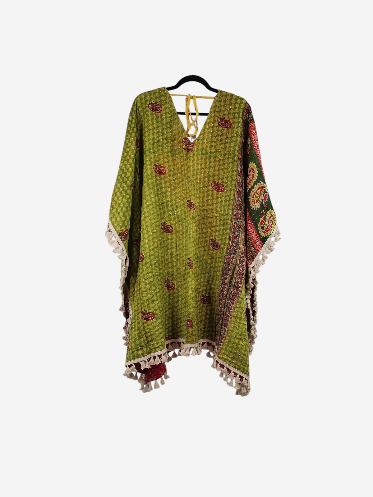 She Lives Beauty reversible long sleeve Kantha kimono in olive green vintage cotton with paisley print and fringe trim.