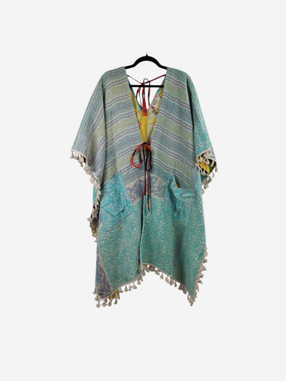 She Lives Beauty reversible long sleeve Willow kimono in teal and green vintage kantha cotton with fringe trim.