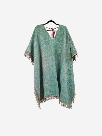 She Lives Beauty reversible long sleeve Willow fringe kimono in teal vintage kantha cotton with intricate patterns.