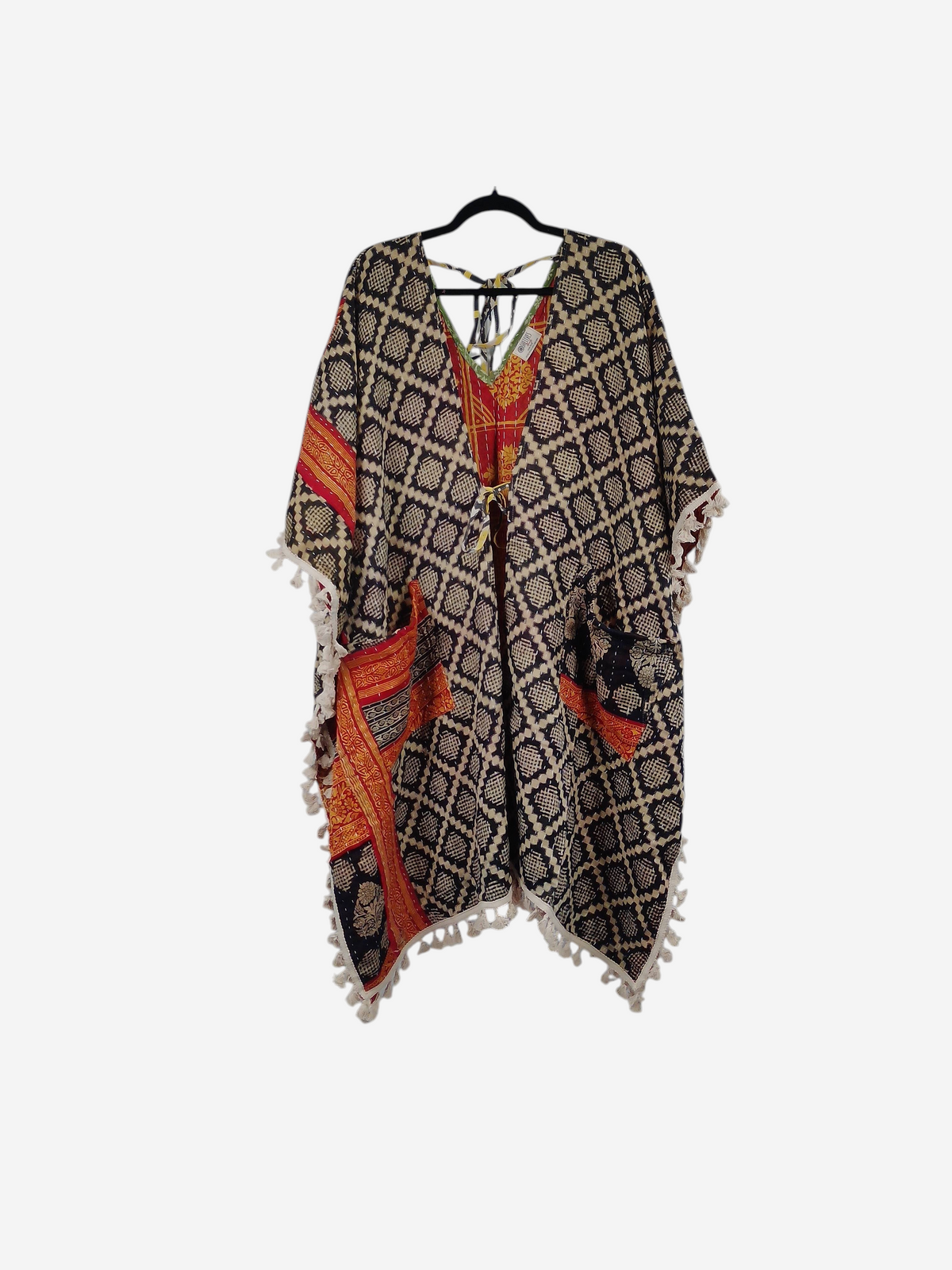 She Lives Beauty reversible long sleeve kimono in vintage kantha cotton with black geometric print and fringe trim