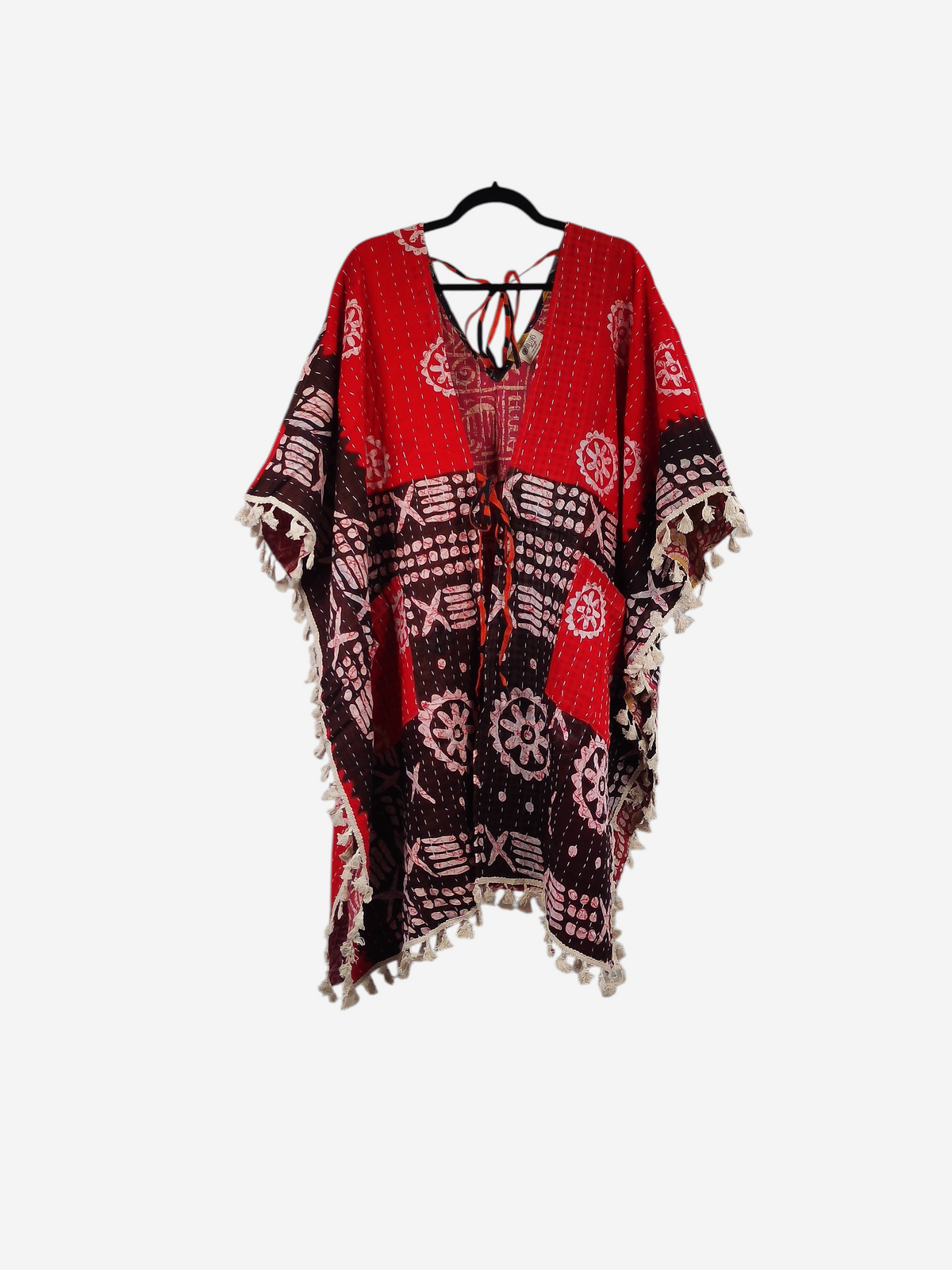 She Lives Beauty reversible red and brown vintage cotton kantha kimono with fringe trim and front tie closure