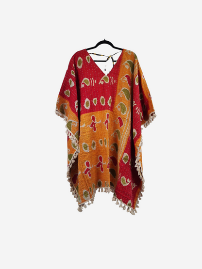 She Lives Beauty reversible long sleeve Kantha kimono in red and orange vintage cotton with fringe detailing.