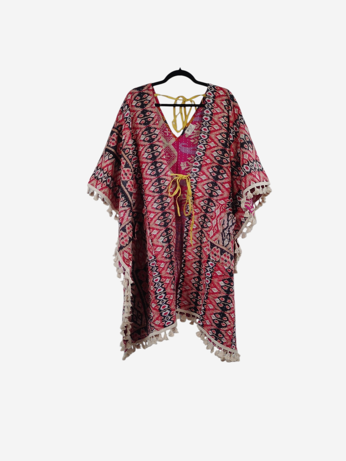 She Lives Beauty reversible long sleeve Willow fringe kimono in red and black patterned vintage kantha cotton fabric.