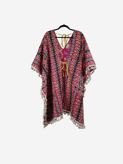 She Lives Beauty reversible long sleeve Willow fringe kimono in red and black patterned vintage kantha cotton fabric.