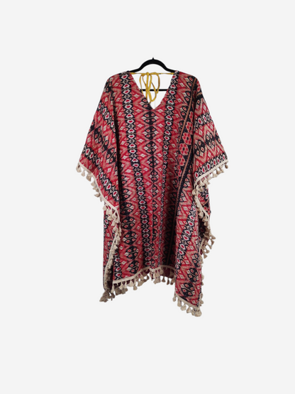 She Lives Beauty reversible kimono in red and black patterned vintage cotton with fringe trim and front tie closure