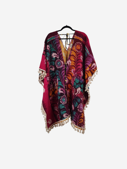 She Lives Beauty reversible long sleeve kimono in vibrant floral vintage cotton kantha fabric with cream fringe trim.