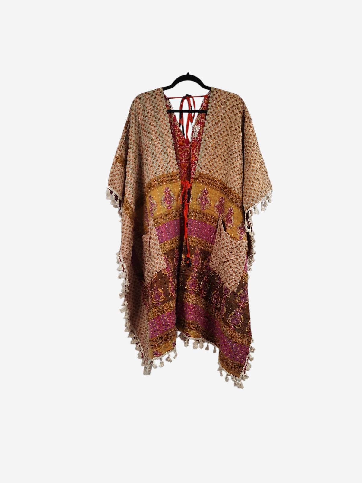 She Lives Beauty reversible long sleeve Kantha kimono in vintage cotton with fringe trim and front tie closure