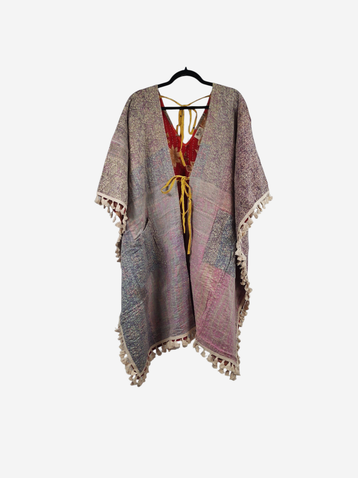 She Lives Beauty reversible long sleeve kimono made from vintage kantha cotton with fringe and front tie closure